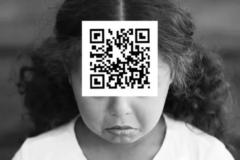 Qr code on the face of people crying baby. black and white photography Stock Photos