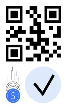 QR Code with Falling Coins and Check Mark, Indicating Secure Financial Tran.. Stock Illustration
