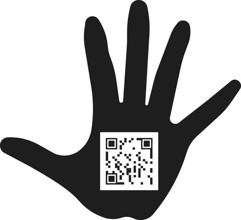 QR code on the flat black palm of a person. Stock-Illustration