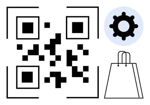 QR code with gear icon and shopping bag representing technology and e-commerc Illustrazione stock