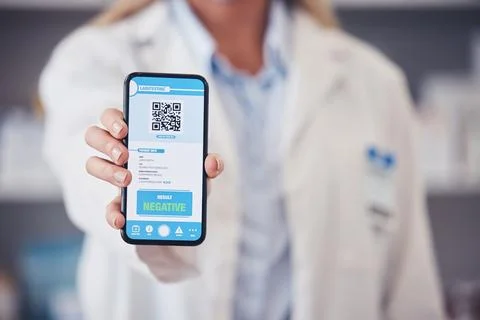 Qr code, hand and phone screen for health results with an app for monkeypox Stock Photos