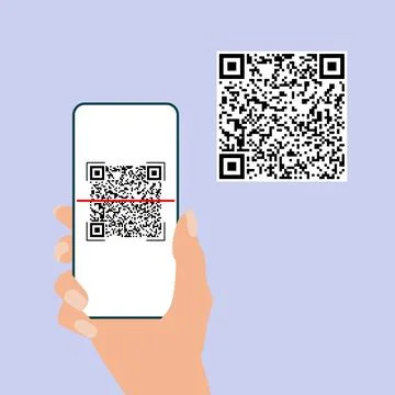 Qr code. Hand hold mobile phone scan qrcode. Camera scanning application. 스톡 일러스트