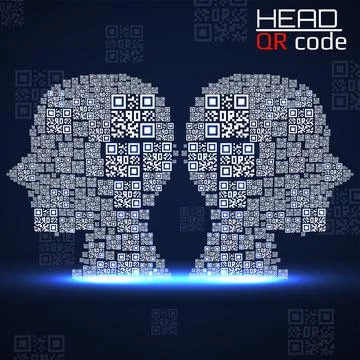 QR code head. Silhouette human heads with qr code. Technology concept. Vector Stock Illustration