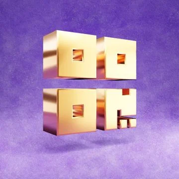 QR code icon. Gold glossy QR code symbol isolated on violet velvet background. Illustrazione stock