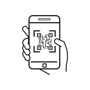 QR code icon. Hand holds smartphone with scannable identity application Stock Illustration