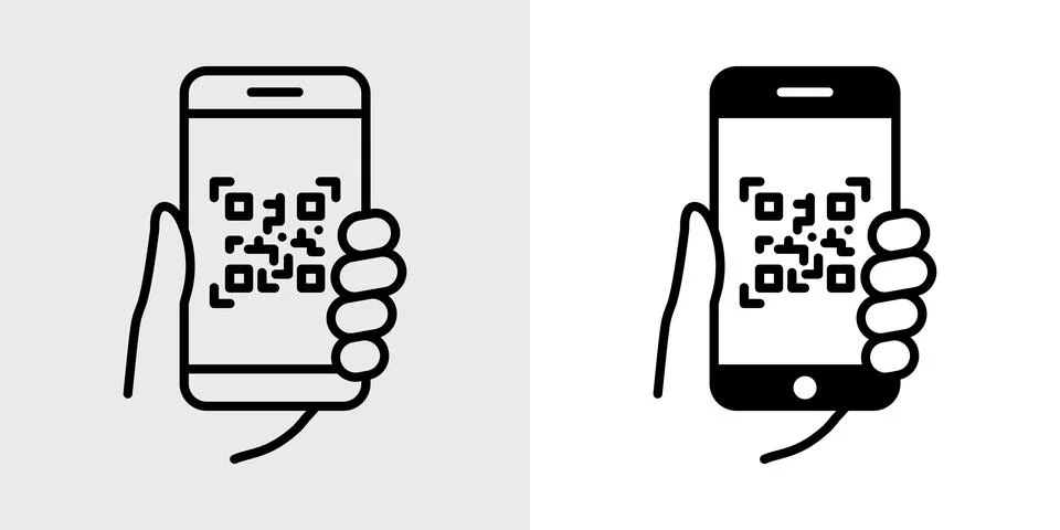 QR code icon. Mobile phone scanning qr-code vector illustration. Hand holdi.. Stock Illustration
