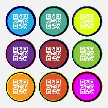 Qr code icon sign. Nine multi colored round buttons. Stock Illustration