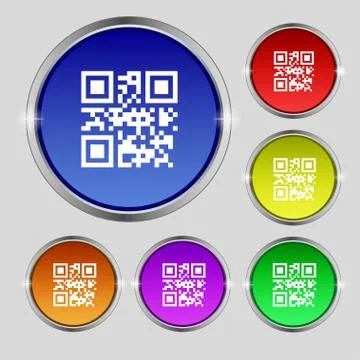 Qr code icon sign. Round symbol on bright colourful buttons. Vector Illustrazione stock