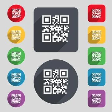 Qr code icon sign. A set of 12 colored buttons and a long shadow. Flat design. Stock Illustration