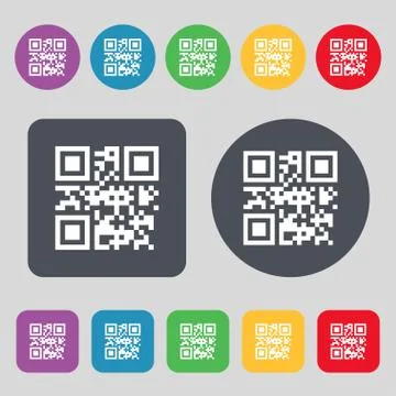 Qr code icon sign. A set of 12 colored buttons. Flat design. Stock Illustration