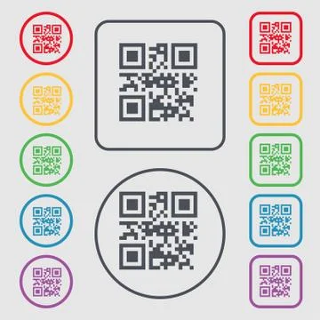 Qr code icon sign. symbol on the Round and square buttons with frame. Vector Stock Illustration