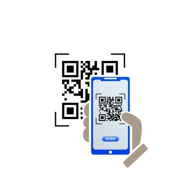 QR code icon on smartphone screen. Hand holding smartphone. Vector illustrati Stock Illustration