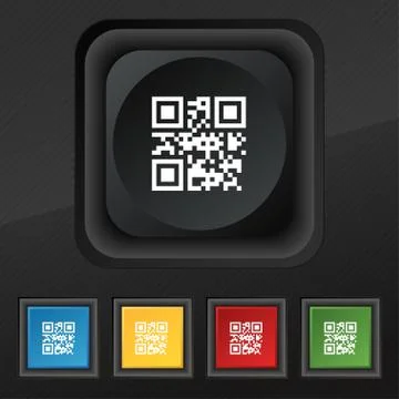 Qr code icon symbol. Set of five colorful, stylish buttons on black texture f Illustrazione stock