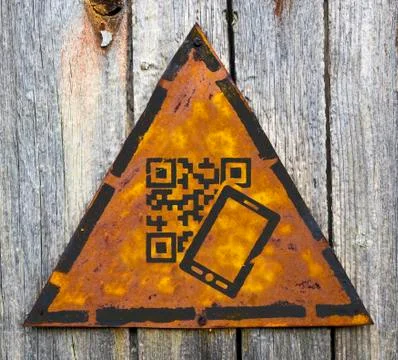 QR Code Icon on Weathered Warning Sign. Stock Illustration