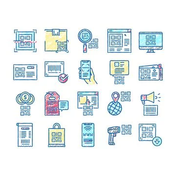 Qr Code Identification set Icons hand drawn Stock Illustration
