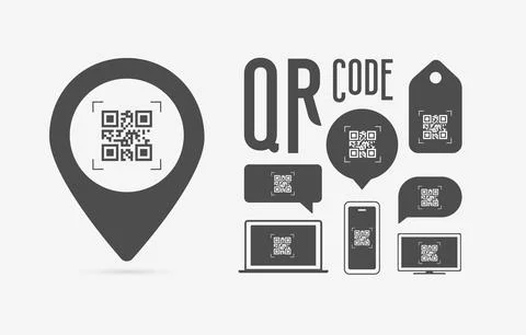 QR code illustration vector set. QR code on map pin icon, various chat bubbles Illustrazione stock