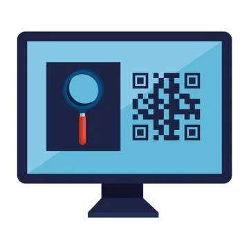 Qr code inside computer and lupe vector design Stock Illustration