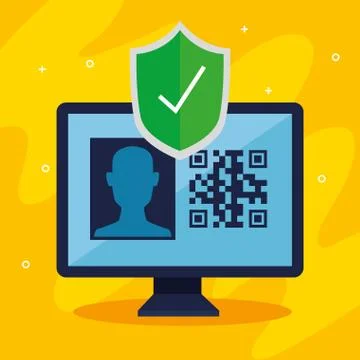 Qr code inside computer and shield vector design Stock Illustration