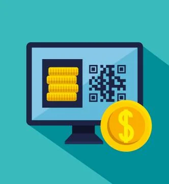 Qr code inside computer and coins vector design Stock Illustration