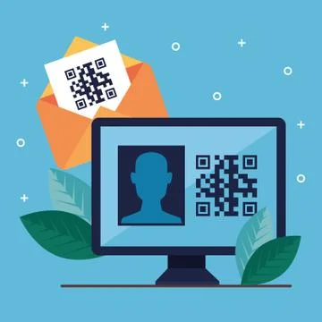 Qr code inside computer envelope and leaves vector design Stock-Illustration