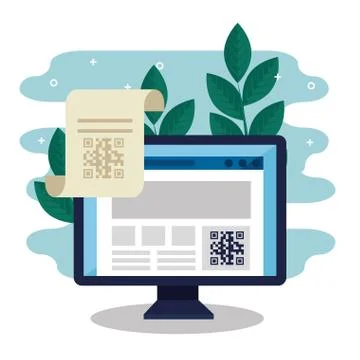 Qr code inside computer leaves and receipt paper vector design Stock Illustration