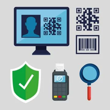 Qr code inside computer shield dataphone and lupe vector design 스톡 일러스트