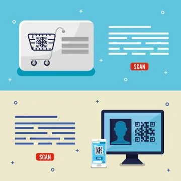 Qr code inside computer smartphone and cart vector design Stock Illustration