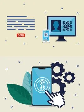 Qr code inside computer smartphone and hand cursor vector design Stock Illustration