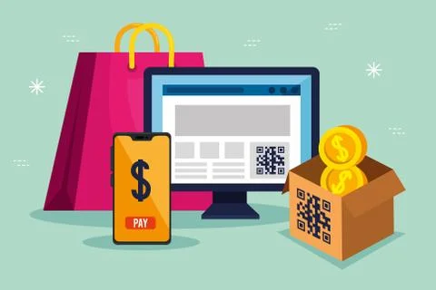 Qr code inside computer smartphone box coins and bag vector design Stock Illustration