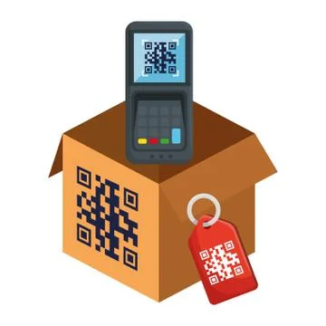 Qr code inside dataphone box and label vector design 스톡 일러스트