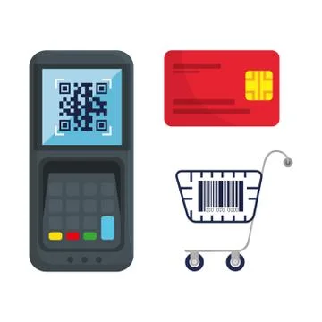 Qr code inside dataphone credit card and cart vector design Stock Illustration
