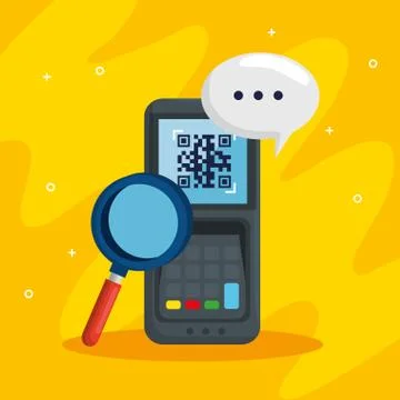 Qr code inside dataphone lupe and bubble vector design Stock Illustration