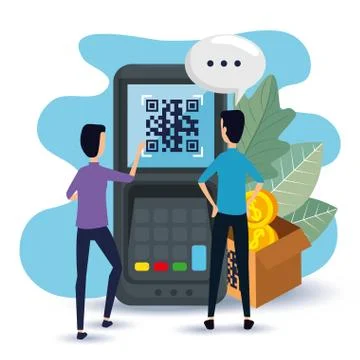 Qr code inside dataphone men and bubble vector design 스톡 일러스트