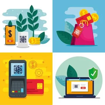 Qr code inside dataphone smartphone bag and laptop vector design Stock-Illustration