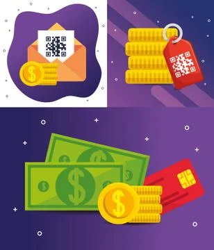 Qr code inside envelope coins bills credit card and label vector design Illustrazione stock