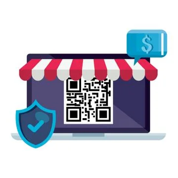 Qr code inside laptop and shield vector design Illustrazione stock