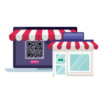 Qr code inside laptop and store vector design Stock Illustration