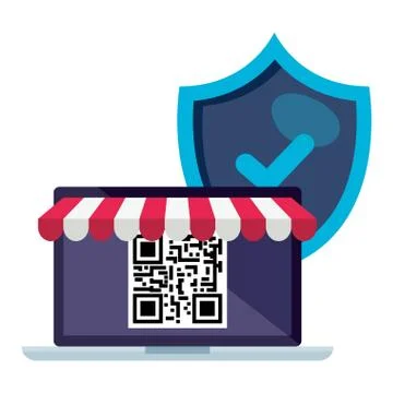 Qr code inside laptop and shield vector design Stock Illustration