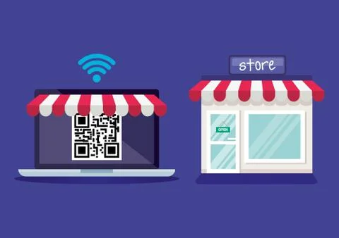 Qr code inside laptop and store vector design 스톡 일러스트