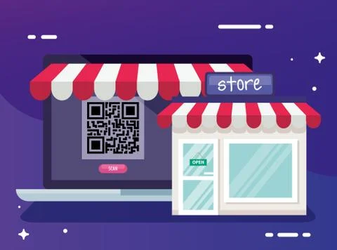 Qr code inside laptop and store vector design Stock Illustration