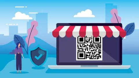 Qr code inside laptop avatar woman and shield vector design Stock Illustration