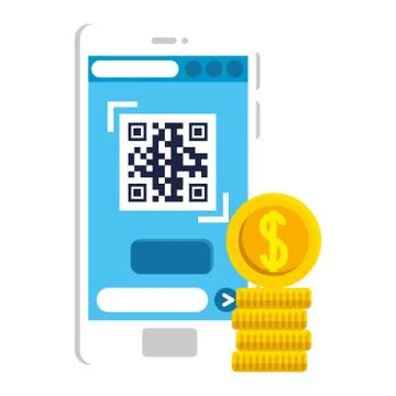 Qr code inside smartphone and coins vector design Stock Illustration