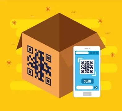 Qr code inside smartphone and box vector design Stock-Illustration