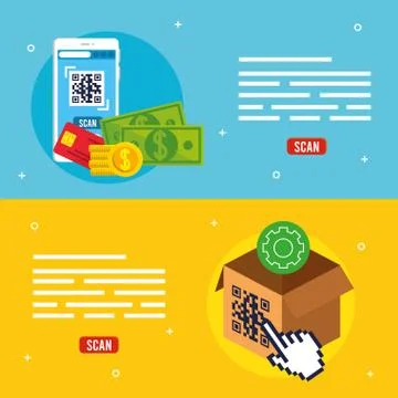 Qr code inside smartphone and box vector design Stock-Illustration