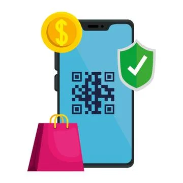 Qr code inside smartphone coin shield and bag vector design 스톡 일러스트