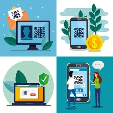 Qr code inside smartphone computer laptop woman and man vector design Illustrazione stock