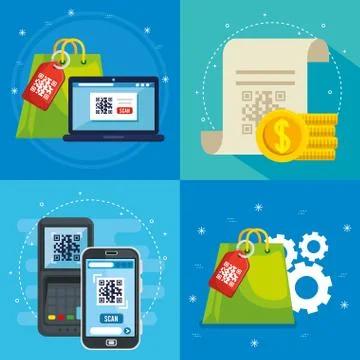 Qr code inside smartphone dataphone laptop receipt and bag vector design Stock-Illustration