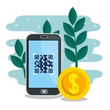 Qr code inside smartphone leaves and coin vector design Stock Illustration