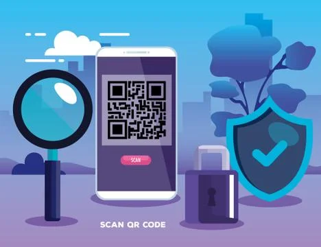 Qr code inside smartphone lupe shield and padlock vector design Stock-Illustration