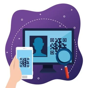 Qr code inside smartphone lupe and computer vector design Stock Illustration
